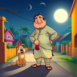 A whimsical cartoon scene depicting a cheerful, overweight Indian man dressed in traditional attire, such as a kurta and pajamas, along with his loyal dog