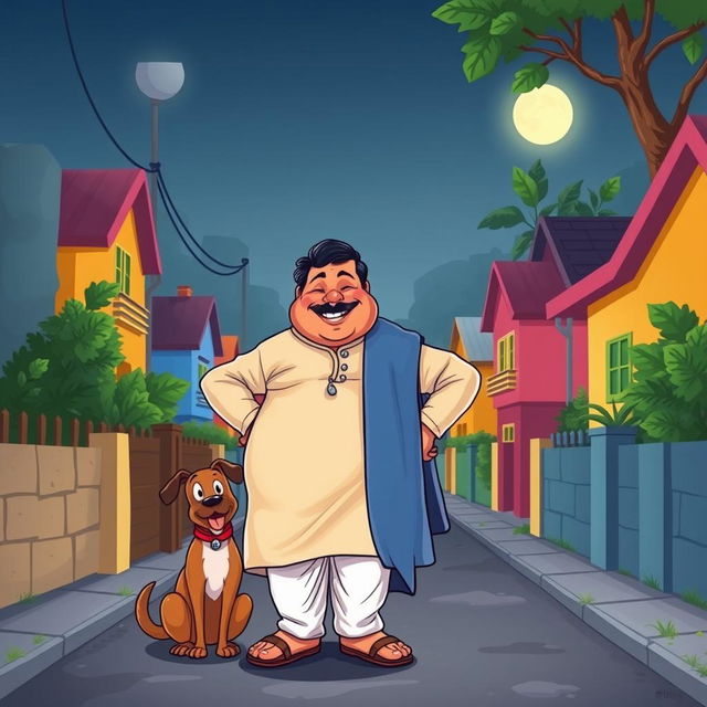 A whimsical cartoon scene depicting a cheerful, overweight Indian man dressed in traditional attire, such as a kurta and pajamas, along with his loyal dog