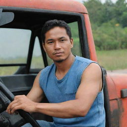 A 30-year-old Indonesian truck driver wearing a sleeveless t-shirt and jeans, sitting behind the steering wheel of a truck.