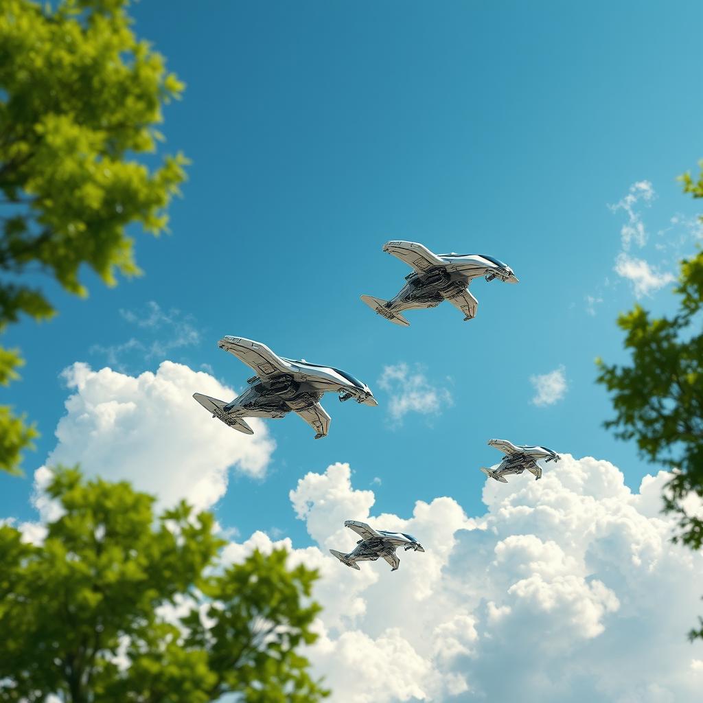 A dynamic scene showcasing a brilliant blue sky filled with fluffy white clouds, with green trees framing the corners