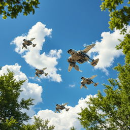 A dynamic scene showcasing a brilliant blue sky filled with fluffy white clouds, with green trees framing the corners