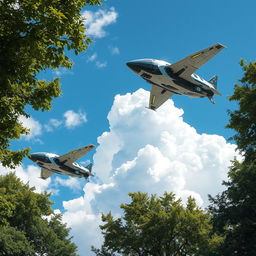 A dynamic scene showcasing a brilliant blue sky filled with fluffy white clouds, with green trees framing the corners