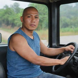 A bald, 30-year-old Indonesian truck driver wearing a sleeveless t-shirt and jeans, sitting behind the steering wheel of a truck.