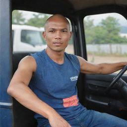 A bald, 30-year-old Indonesian truck driver wearing a sleeveless t-shirt and jeans, sitting behind the steering wheel of a truck.