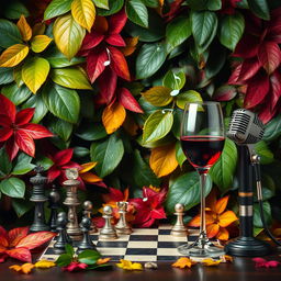 A vibrant and artistic still life composition featuring a variety of elements: lush green leaves interspersed with colorful leaves creating a rich, natural backdrop