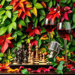 A vibrant and artistic still life composition featuring a variety of elements: lush green leaves interspersed with colorful leaves creating a rich, natural backdrop