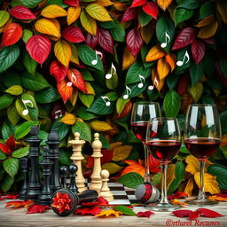A vibrant and artistic still life composition featuring a variety of elements: lush green leaves interspersed with colorful leaves creating a rich, natural backdrop