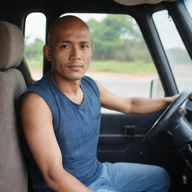 A bald, 30-year-old Indonesian truck driver wearing a sleeveless t-shirt and jeans, sitting behind the steering wheel of a truck.