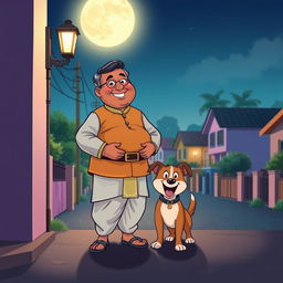 A charming cartoon scene featuring a plump Indian man dressed in traditional clothing, like a kurta and dhoti, happily patrolling a peaceful neighborhood at night alongside his spirited dog