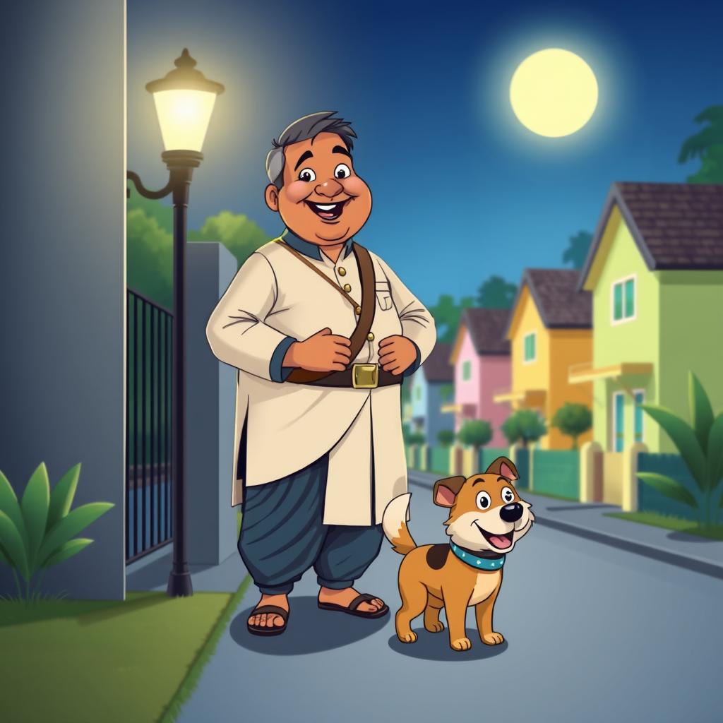 A charming cartoon scene featuring a plump Indian man dressed in traditional clothing, like a kurta and dhoti, happily patrolling a peaceful neighborhood at night alongside his spirited dog