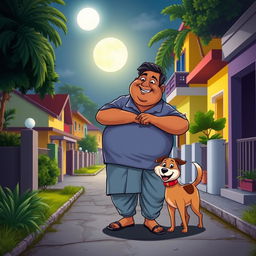 A charming cartoon scene featuring a plump Indian man dressed in traditional clothing, like a kurta and dhoti, happily patrolling a peaceful neighborhood at night alongside his spirited dog