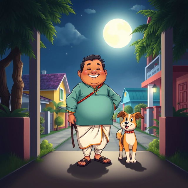 A charming cartoon scene featuring a plump Indian man dressed in traditional clothing, like a kurta and dhoti, happily patrolling a peaceful neighborhood at night alongside his spirited dog