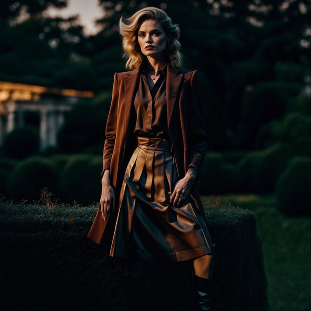 High-resolution photograph of a female model in an old money inspired outfit standing against an elegant backdrop. The composition and lighting are intense and immaculate, creating a vintage aesthetic.