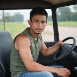 A 30-year-old Indonesian truck driver with a military haircut wearing a sleeveless t-shirt and jeans, sitting behind the steering wheel of a truck.