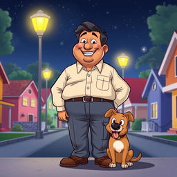 A lively cartoon scene showcasing a jovial, overweight Indian man dressed in formal attire, featuring a crisp button-up shirt and tailored pants, as he stands guard with his friendly dog at night
