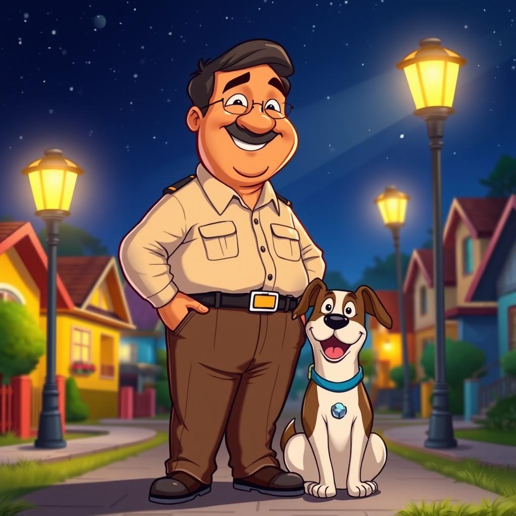 A lively cartoon scene showcasing a jovial, overweight Indian man dressed in formal attire, featuring a crisp button-up shirt and tailored pants, as he stands guard with his friendly dog at night