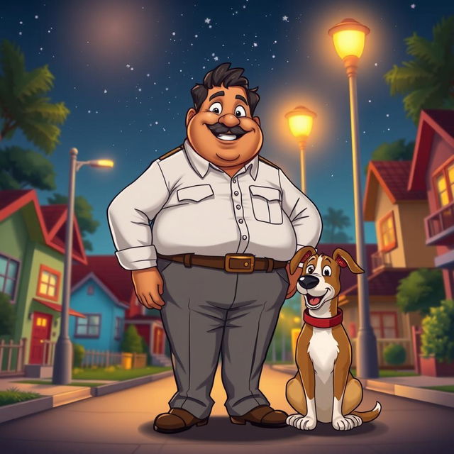 A lively cartoon scene showcasing a jovial, overweight Indian man dressed in formal attire, featuring a crisp button-up shirt and tailored pants, as he stands guard with his friendly dog at night