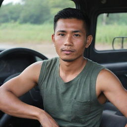 A 30-year-old Indonesian truck driver with a military haircut wearing a sleeveless t-shirt and jeans, sitting behind the steering wheel of a truck.