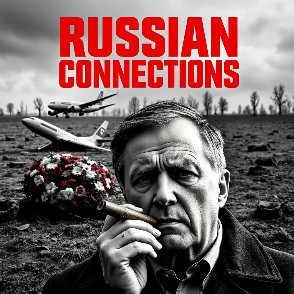 A high quality black and white realistic movie poster featuring a Polish individual, Jarosław Kaczyński, prominently in the foreground, smoking a cigar with a serious and reflective demeanor