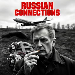 A high quality black and white realistic movie poster featuring a Polish individual, Jarosław Kaczyński, prominently in the foreground, smoking a cigar with a serious and reflective demeanor