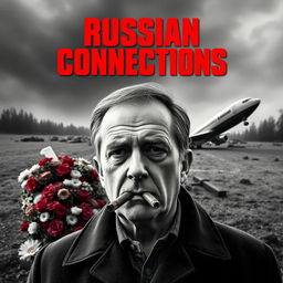 A high quality black and white realistic movie poster featuring a Polish individual, Jarosław Kaczyński, prominently in the foreground, smoking a cigar with a serious and reflective demeanor