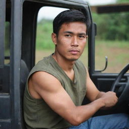 A 30-year-old Indonesian truck driver with a military haircut wearing a sleeveless t-shirt and jeans, sitting behind the steering wheel of a truck.