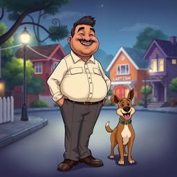 A delightful cartoon scene featuring a plump Indian man with a laughing Buddha-like face, dressed in a formal shirt and tailored pants, as he joyfully stands guard with his dog at night in a lively neighborhood