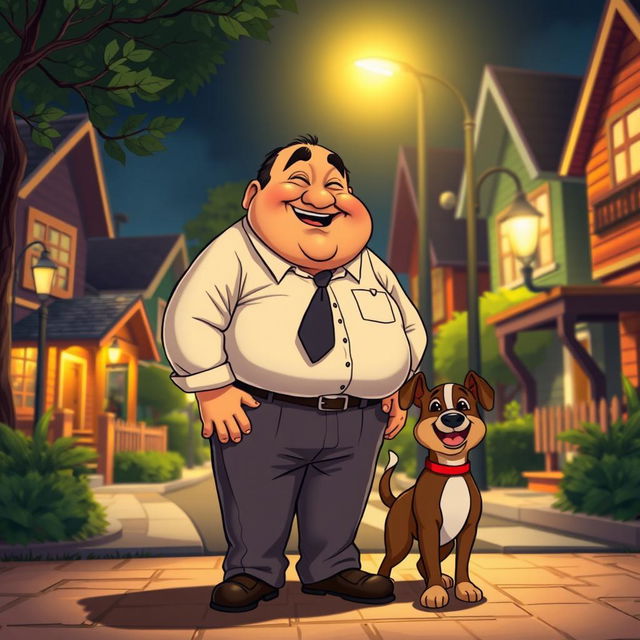 A delightful cartoon scene featuring a plump Indian man with a laughing Buddha-like face, dressed in a formal shirt and tailored pants, as he joyfully stands guard with his dog at night in a lively neighborhood