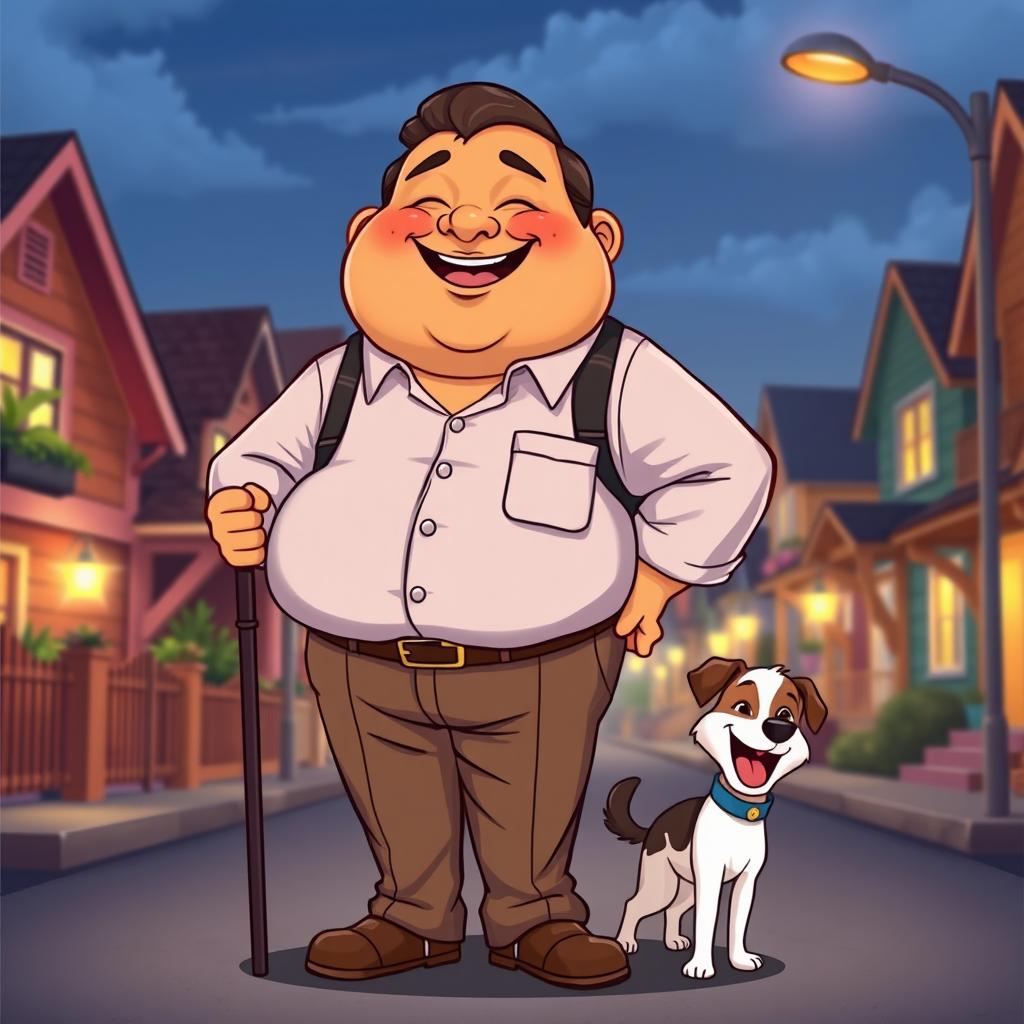 A delightful cartoon scene featuring a plump Indian man with a laughing Buddha-like face, dressed in a formal shirt and tailored pants, as he joyfully stands guard with his dog at night in a lively neighborhood