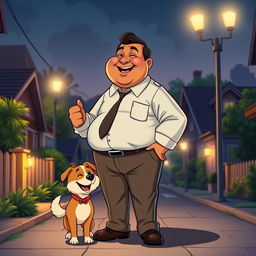 A delightful cartoon scene featuring a plump Indian man with a laughing Buddha-like face, dressed in a formal shirt and tailored pants, as he joyfully stands guard with his dog at night in a lively neighborhood