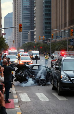 A dramatic depiction of a vehicle accident on a busy urban street, showcasing a crumpled car with smoke rising from the engine and nearby vehicles with minor damages