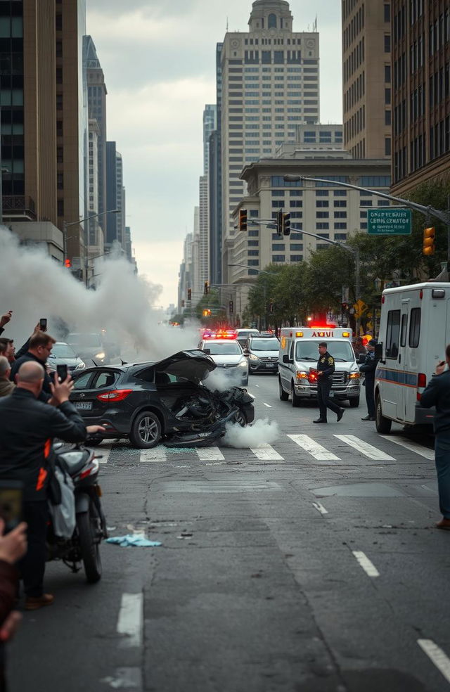 A dramatic depiction of a vehicle accident on a busy urban street, showcasing a crumpled car with smoke rising from the engine and nearby vehicles with minor damages