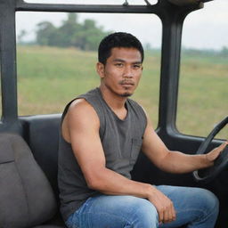 A 30-year-old Indonesian truck driver with a military haircut wearing a sleeveless t-shirt and jeans, sitting behind the steering wheel of a truck.