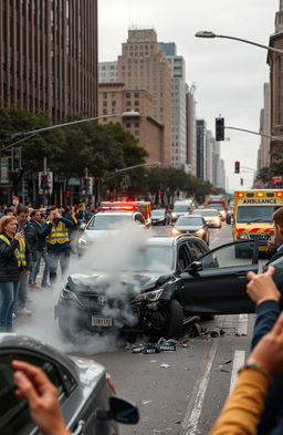 A dramatic depiction of a vehicle accident on a busy urban street, showcasing a crumpled car with smoke rising from the engine and nearby vehicles with minor damages