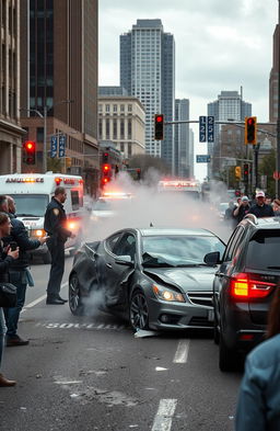 A dramatic depiction of a vehicle accident on a busy urban street, showcasing a crumpled car with smoke rising from the engine and nearby vehicles with minor damages