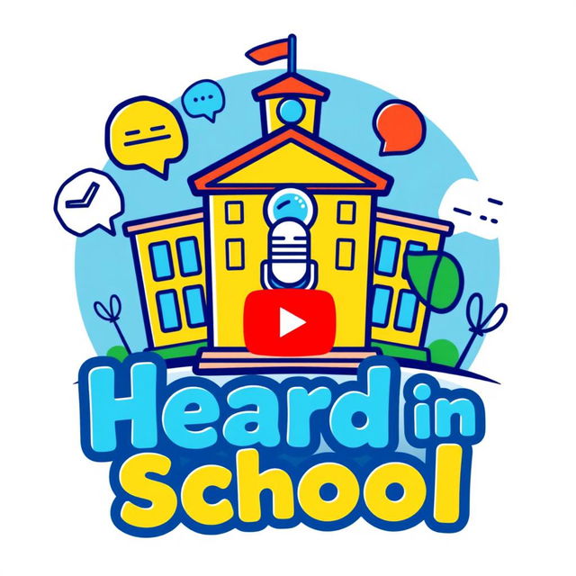 Logo design for a YouTube channel titled 'Heard in School', featuring playful and vibrant elements that represent school life