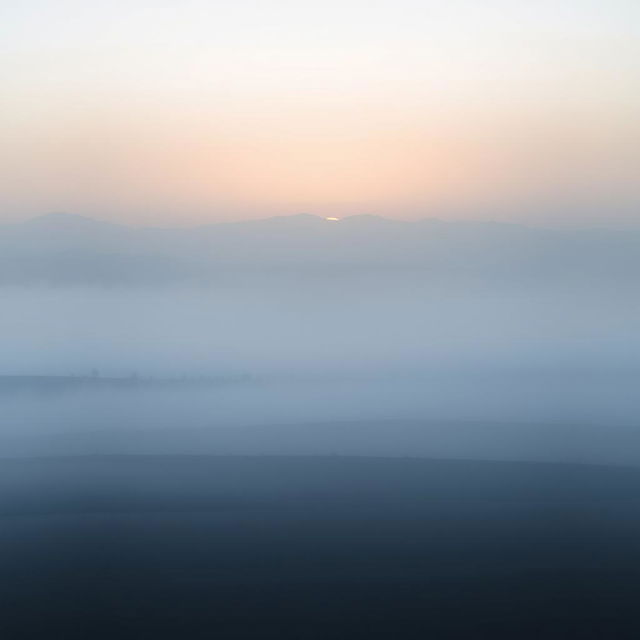 A tranquil and atmospheric scene depicting a misty plain at dawn