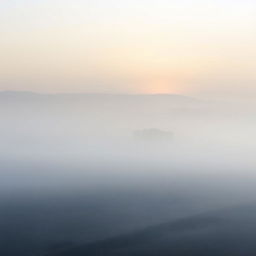 A tranquil and atmospheric scene depicting a misty plain at dawn
