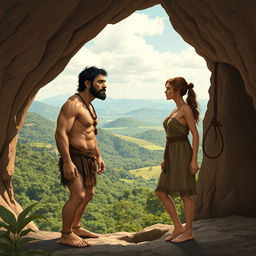 A Homo erectus man and woman standing at the entrance of a cave on the peak of a hill, overlooking a lush landscape below