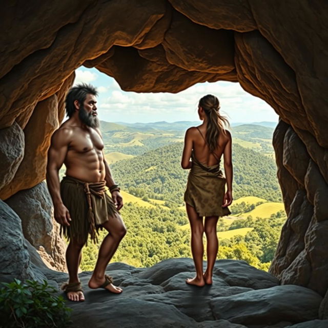 A Homo erectus man and woman standing at the entrance of a cave on the peak of a hill, overlooking a lush landscape below