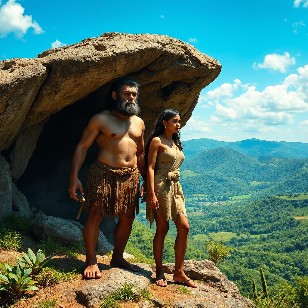 A Homo erectus man and woman standing at the entrance of a cave on the peak of a hill, overlooking a lush landscape below