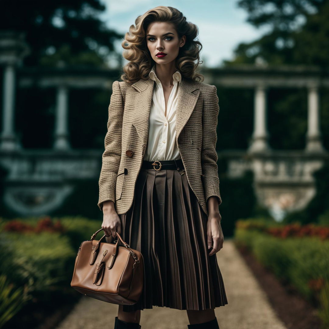 High-resolution distant shot of a female model in modern old money inspired attire against an opulent mansion backdrop, captured with immaculate composition and dramatic lighting.