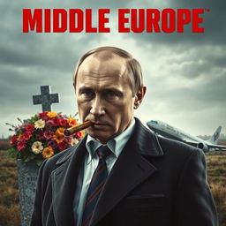 A high quality realistic movie poster featuring Vladimir Putin prominently in the foreground, smoking a cigar with a confident and contemplative expression