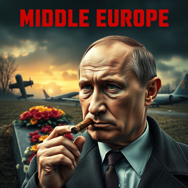 A high quality realistic movie poster featuring Vladimir Putin prominently in the foreground, smoking a cigar with a confident and contemplative expression