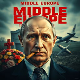 A high quality realistic movie poster featuring Vladimir Putin prominently in the foreground, smoking a cigar with a confident and contemplative expression