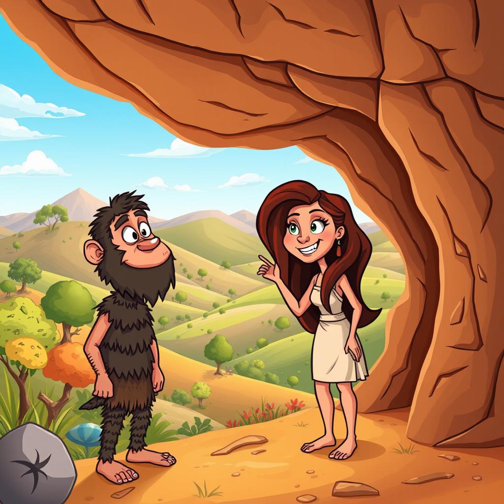 A colorful cartoon illustration of a Homo erectus man and woman standing at the entrance of a cave on a hill during the Stone Age