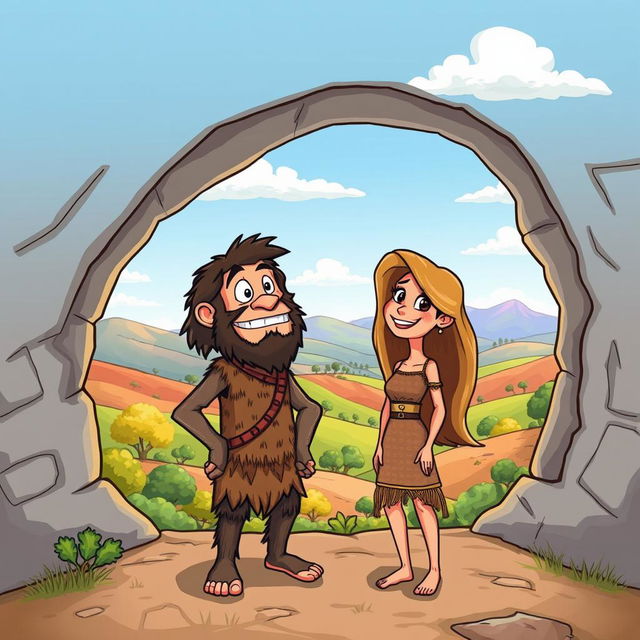 A colorful cartoon illustration of a Homo erectus man and woman standing at the entrance of a cave on a hill during the Stone Age