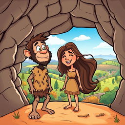 A colorful cartoon illustration of a Homo erectus man and woman standing at the entrance of a cave on a hill during the Stone Age