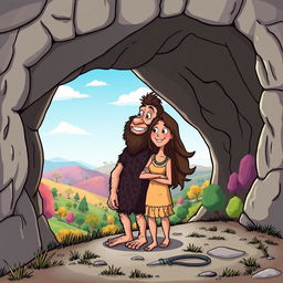 A colorful cartoon illustration of a Homo erectus man and woman standing at the entrance of a cave on a hill during the Stone Age