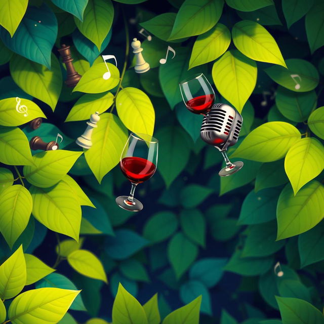 A whimsical animated scene featuring predominately green leaves with some blue accents